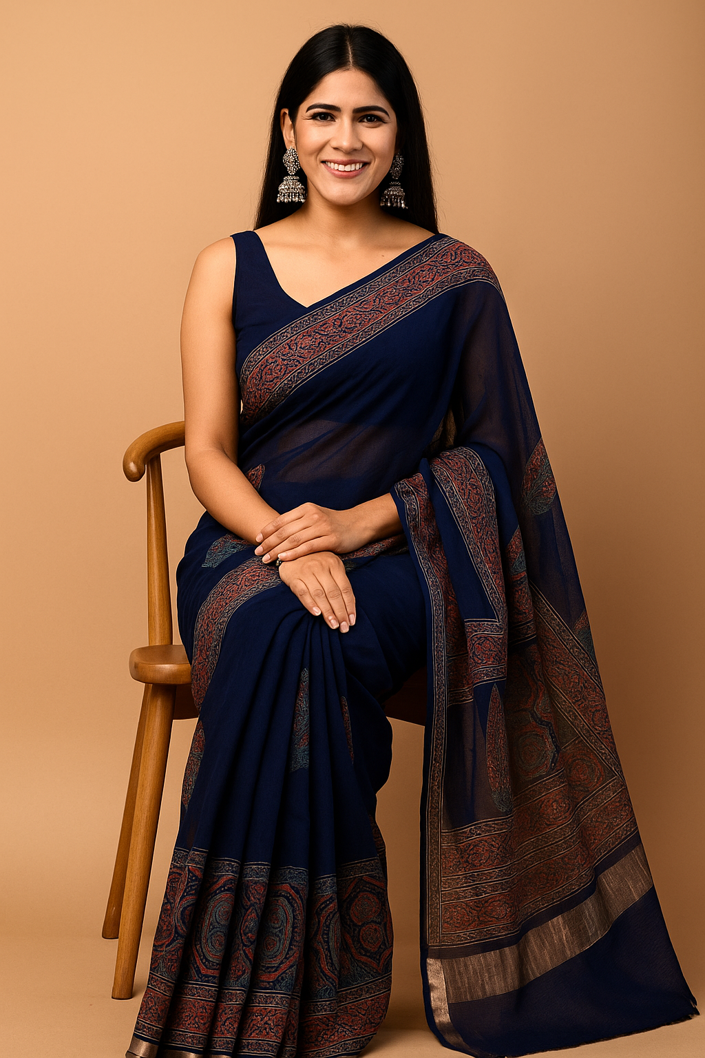 Navy Blue Hand Block Print Cotton Mul Saree with Ajrakh Design & Zari Border