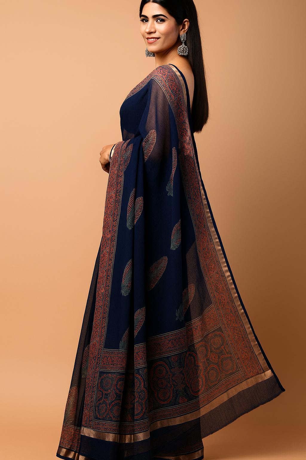 Navy Blue Hand Block Print Cotton Mul Saree with Ajrakh Design & Zari Border