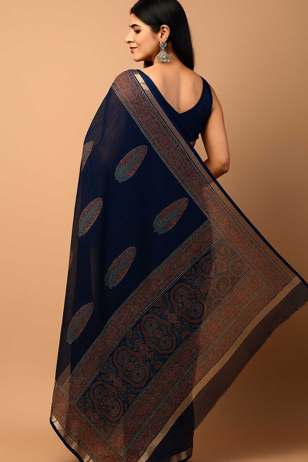 Navy Blue Hand Block Print Cotton Mul Saree with Ajrakh Design & Zari Border