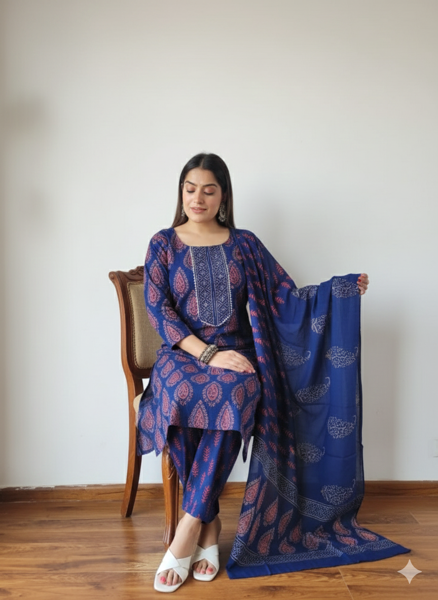 Premium Hand Block Printed Stitched Cotton Suit Set with Cotton Dupatta