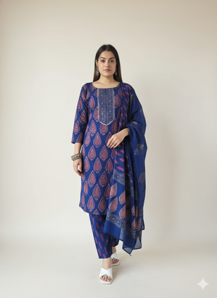 Premium Hand Block Printed Stitched Cotton Suit Set with Cotton Dupatta