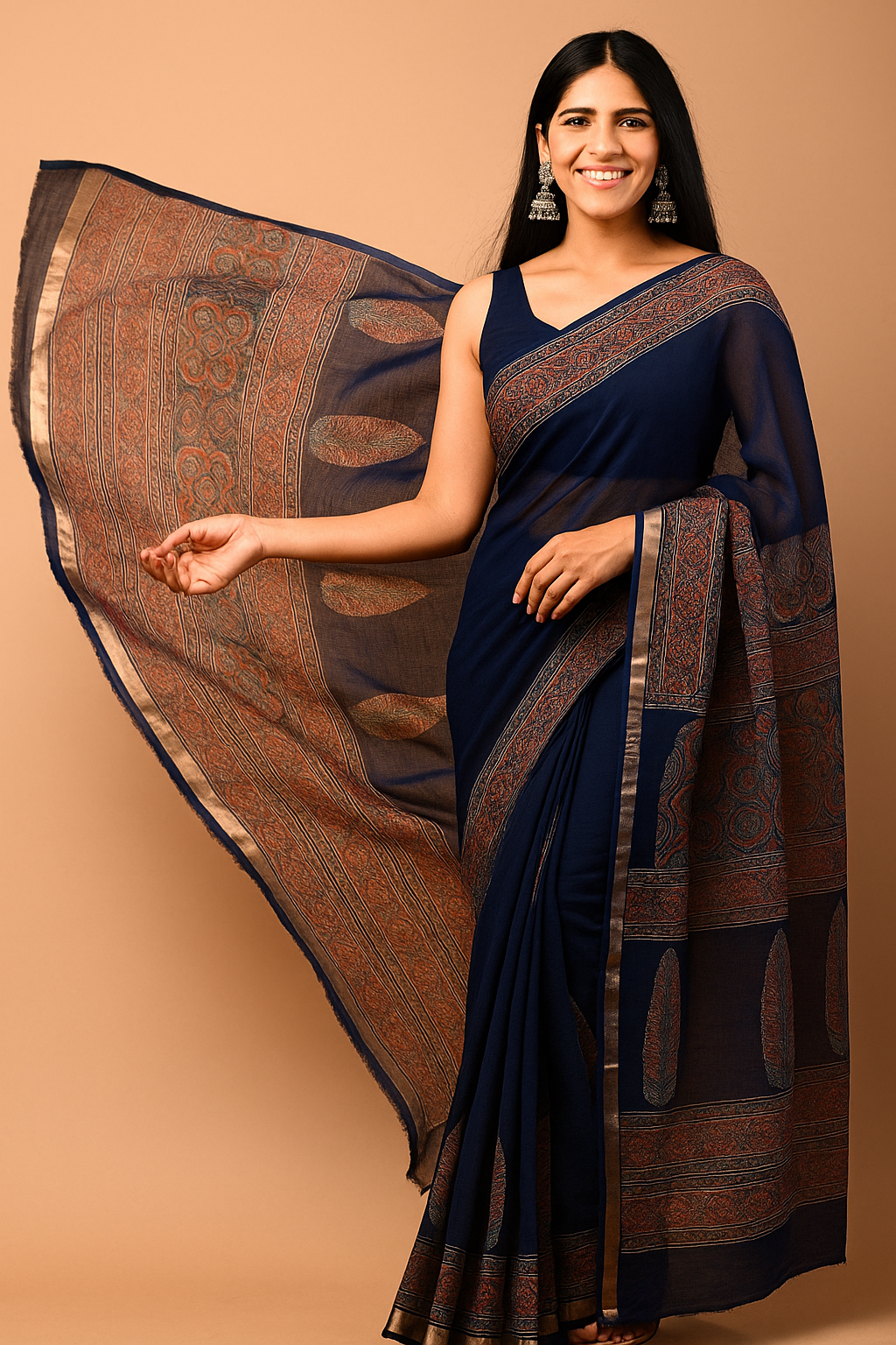Navy Blue Hand Block Print Cotton Mul Saree with Ajrakh Design & Zari Border