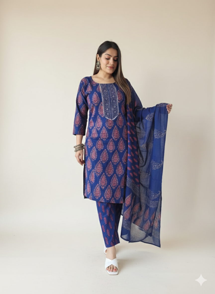 Premium Hand Block Printed Stitched Cotton Suit Set with Cotton Dupatta