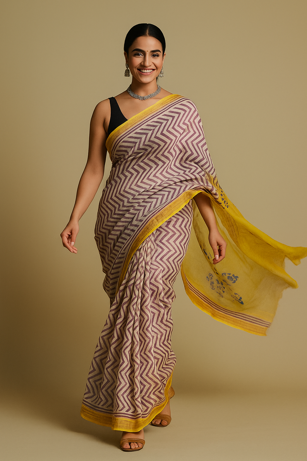 💖 Elegant Hand Block Printed Maheshwari Silk Saree – With Blouse