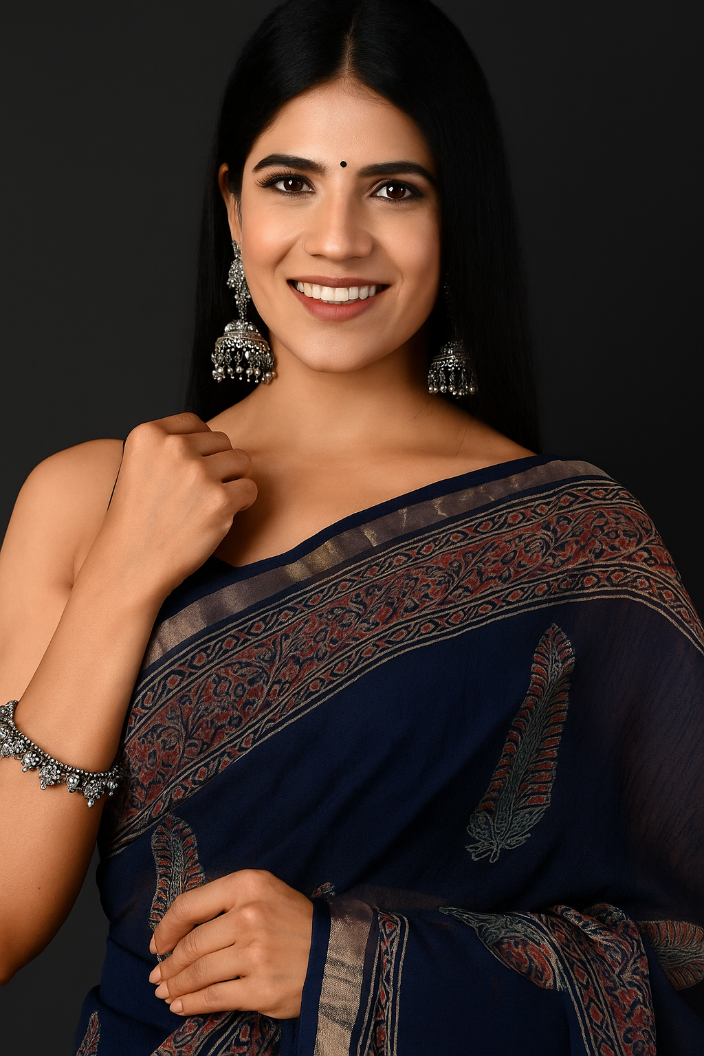 Navy Blue Hand Block Print Cotton Mul Saree with Ajrakh Design & Zari Border