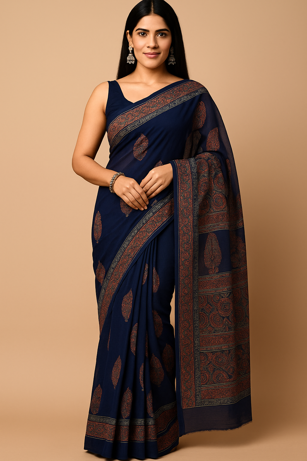 Navy Blue Hand Block Print Cotton Mul Saree with Ajrakh Design & Zari Border