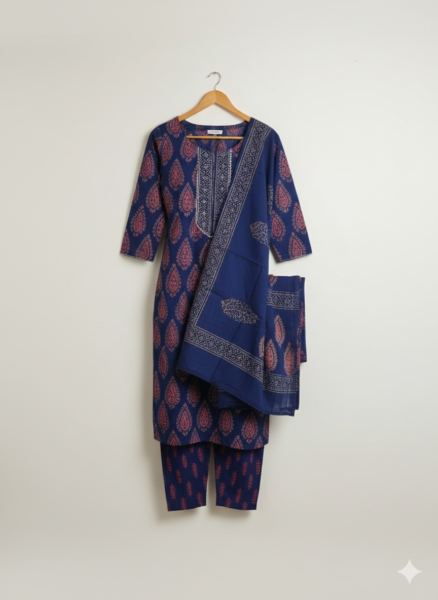 Premium Hand Block Printed Stitched Cotton Suit Set with Cotton Dupatta